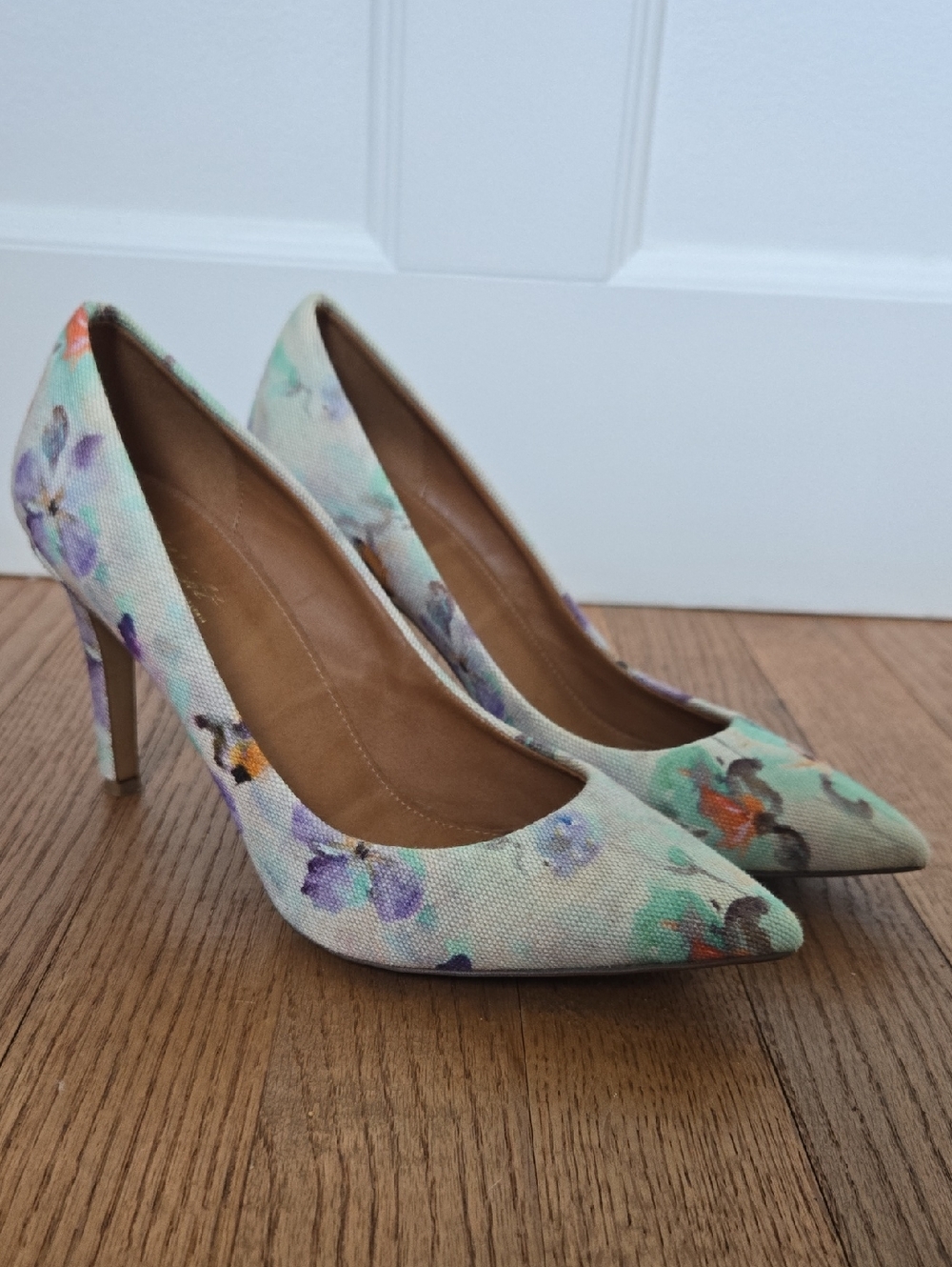 Anthropoligie Floral Pointed-Toe Stiletto Pumps - Mint Watercolor 7.5